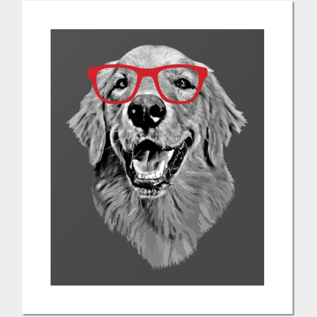 Golden Retriever Smiling Smart Nerd Red Glasses Wall Art by deelirius8